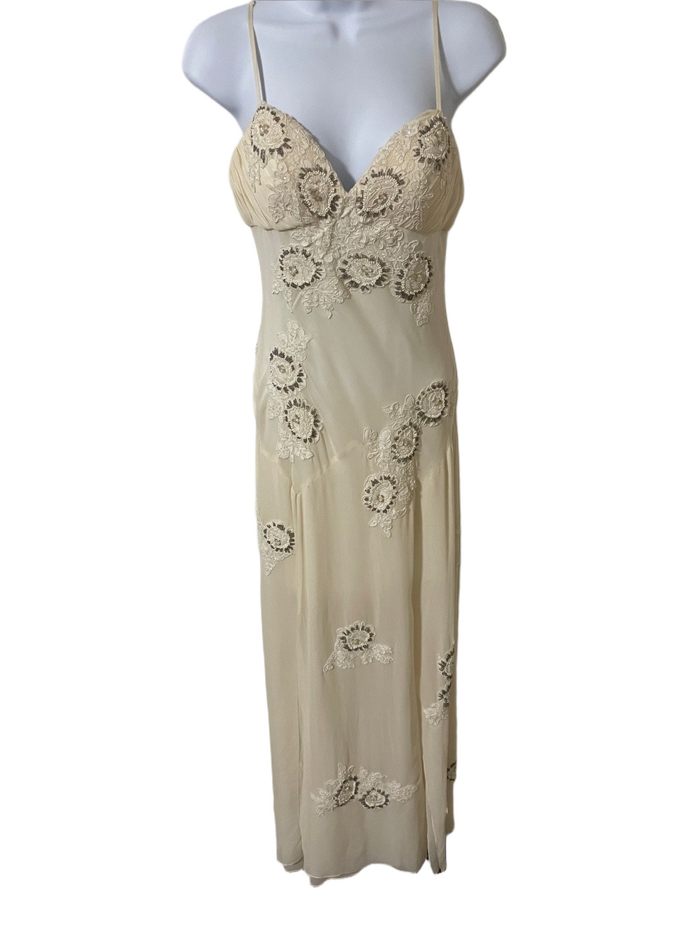 Sue Wong Cream Silk Sequin & Embroidered Maxi Dress with Wrap Size 4